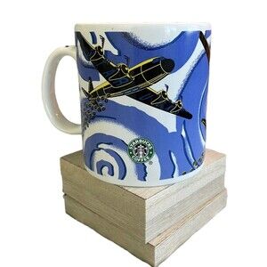 Rare 2001 STARBUCKS‎ Barista BOMBER AIRPLANE Coffee Bean Drop Mug 18 oz Blue
